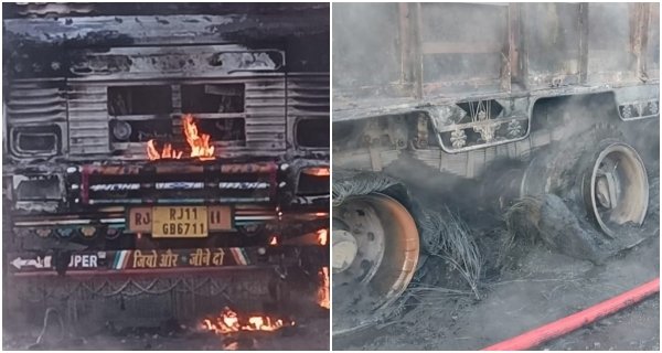 रायपुर से राजस्थान जा रहा जीआई बंडल से लदा ट्रक जलकर खाक, टायर फटने से लगी आग