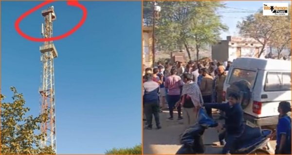 टावर पर चढ़ा किसान, पुलिस की समझाइश पर उतरा