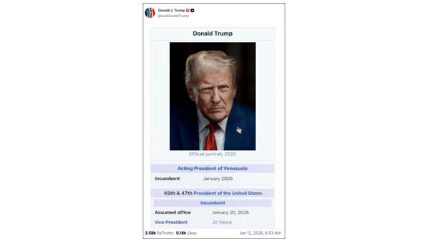 ट्रम्प ने ‘वेनेजुएला के कार्यवाहक राष्ट्रपति’ के रूप में खुद की तस्वीर सोशल मीडिया पर साझा की