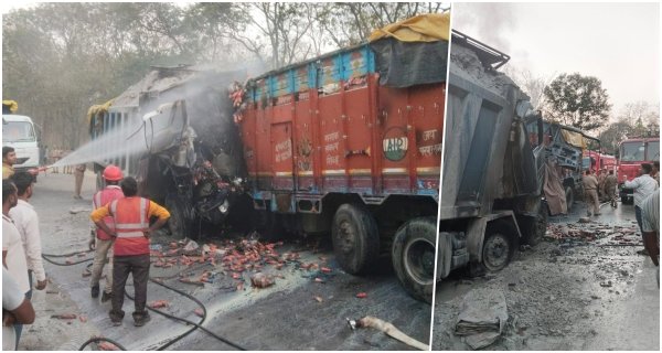 हाथीनाला में भीषण सड़क हादसा: दो ट्रकों की टक्कर के बाद आग, दो की जिंदा जलकर मौत, एक घायल