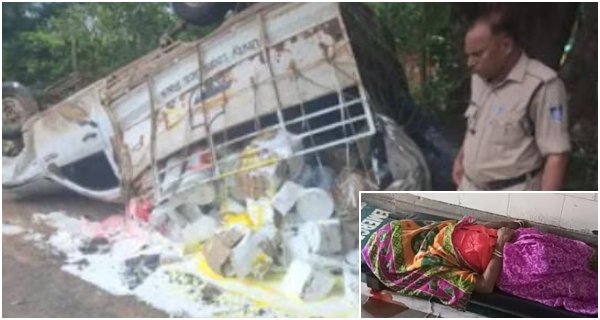 पिकअप ने बाइक को कुचला, बुजुर्ग महिला की मौत, दो घायल