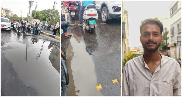 नवलखा चौराहे पर जर्जर सड़क बनी परेशानी का कारण, गड्ढों से वाहन चालकों की बढ़ी मुश्किलें